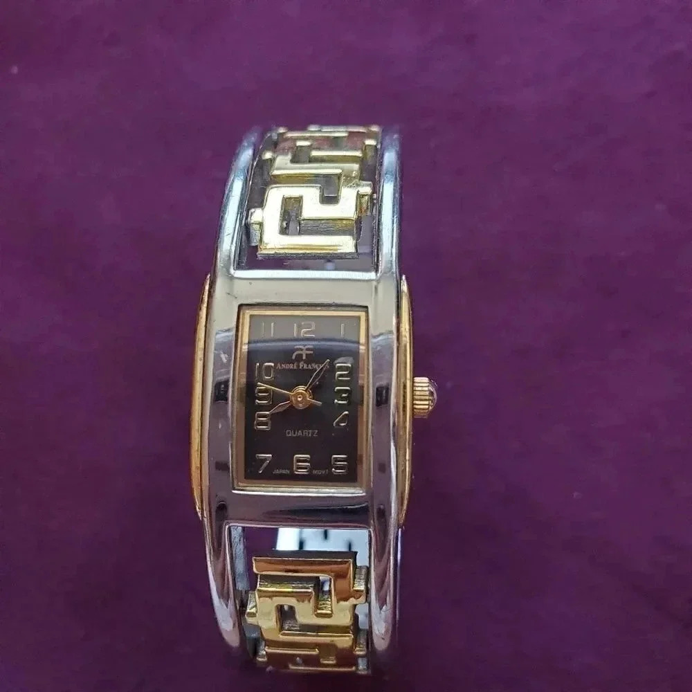 SILVER and gold square faced cuff watch, black